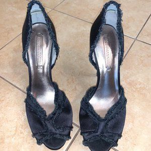 Black Satin BCBG MaxAzaria Heels with fringed ruffles, Size 8.
